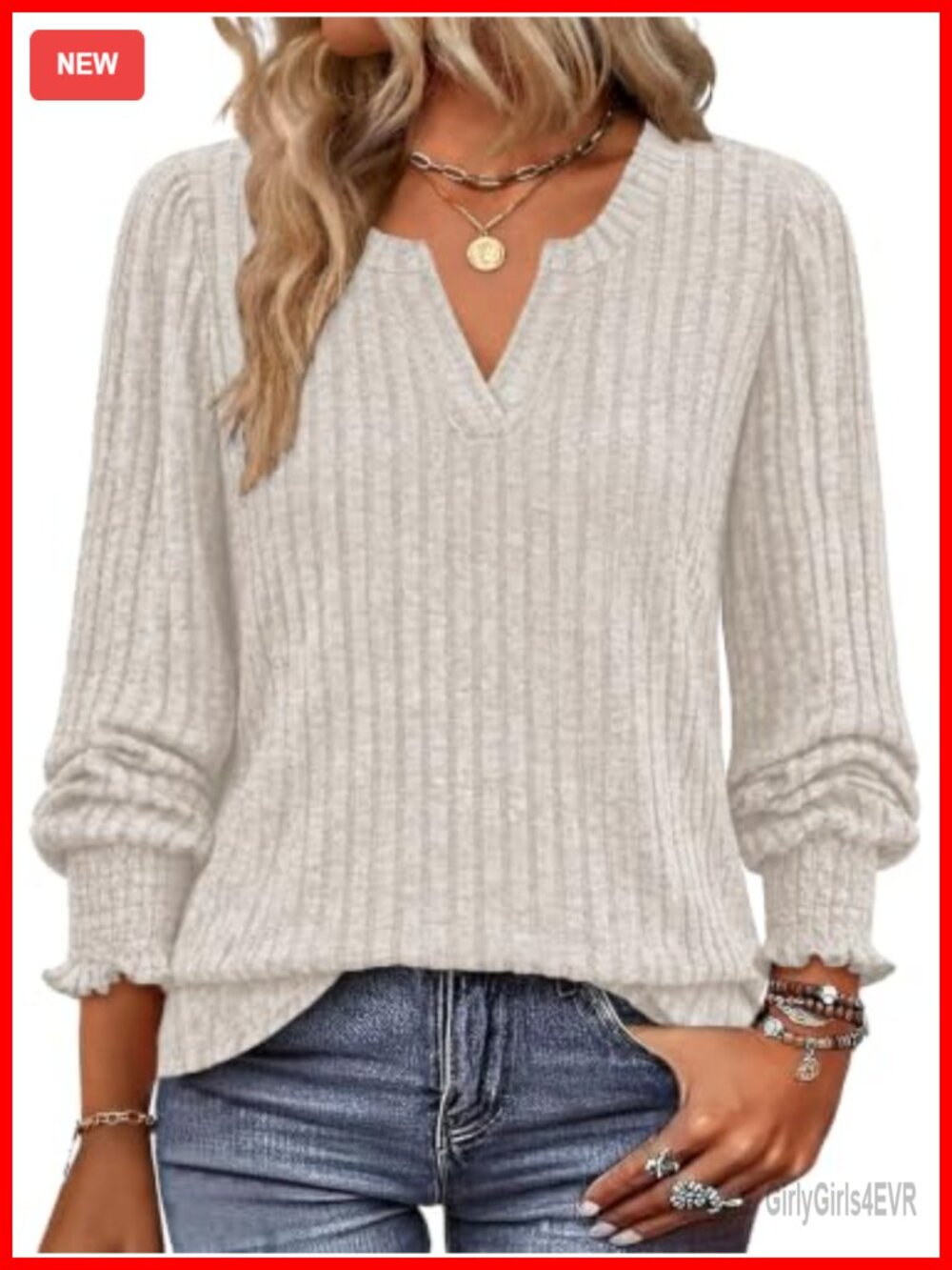Womens Ribbed Knit V-Neck Long Sleeve Pullover Sweater Ruffle Cuffs